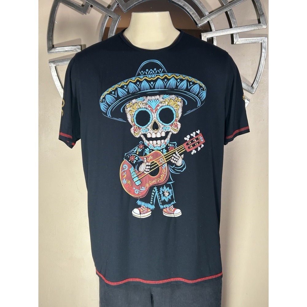 Ay Guey Mexican Calavera Skull Black T-Shirt Men's Size 2XL Soft Viscose Blend